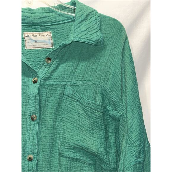 We The Free Medium Cardiff Cotton Gauze Shirt Green Oversized Lagenlook Raw Hem - Picture 3 of 12